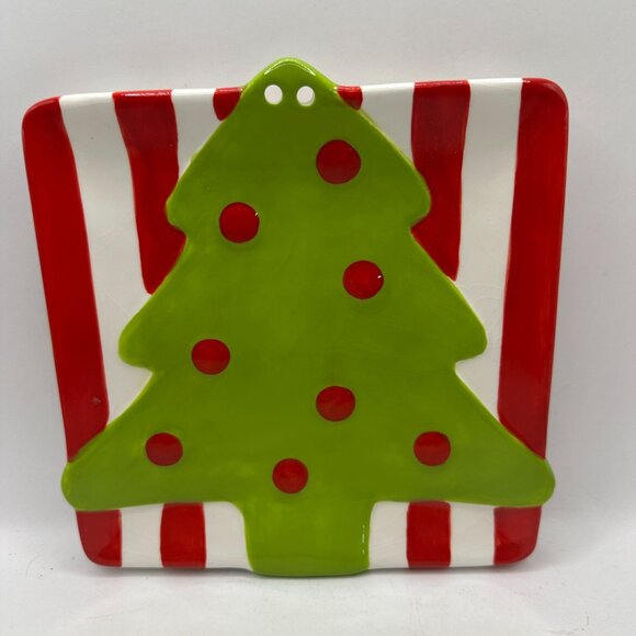Christmas Tree Square Plate With Red & White Stripes - Picture 1 of 4